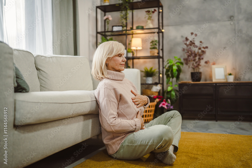 Obraz premium senior woman eyes closed have guided training yoga or meditation