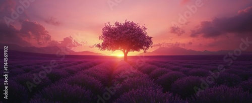 Lavender field at sunset with a solitary tree amidst rolling hills and a colo...