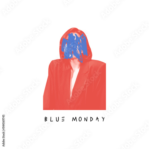 Poster. Contemporary art collage. Woman with blue scribble over face symbolizing confusion after weekend highs with text blue Monday. Concept of Blue Monday, melancholy, afterparty mood. photo