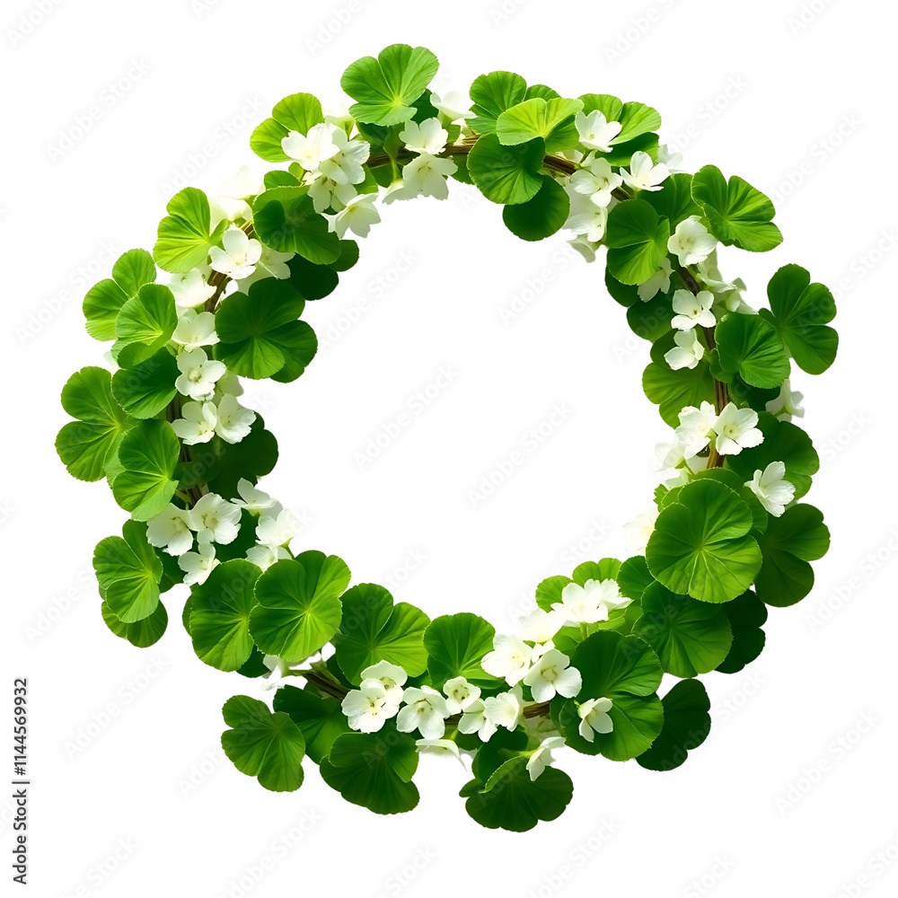 Fototapeta premium Easter wreath made of green leaves and white flowers on a transparent background for holiday decoration
