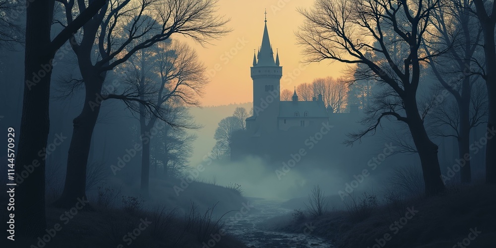 Illustration of Lone castle tower rising through a misty enchanted forest at dawn, with a winding stream and ethereal sky Illustration of Lone castle tower rising through a misty enchanted forest at dawn, with a winding stream and ethereal sky