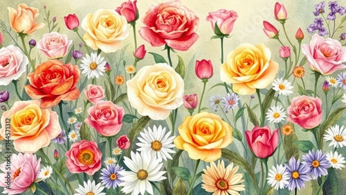 Beautiful watercolor illustration of assorted flowers including roses, daisies, and tulips in vibrant colors, roses, blooming, assorted