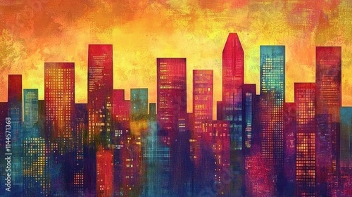 A vibrant digital illustration of a modern city skyline with glowing buildings and a sunset sky in the background