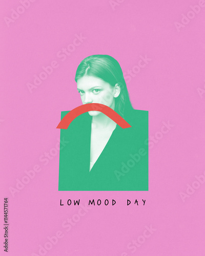 Poster. Contemporary art collage. Low mood day. Woman in green effect and red frown symbolizing low mood, representing fatigue and sadness. Concept of Blue Monday, melancholy, afterparty mood. photo