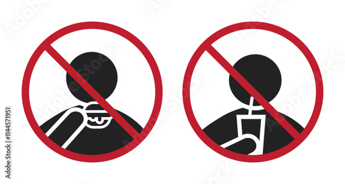 Bundle prohibition sign beverages eats and drinks is not allowed, with illustration pictogram man drinking and eats burger