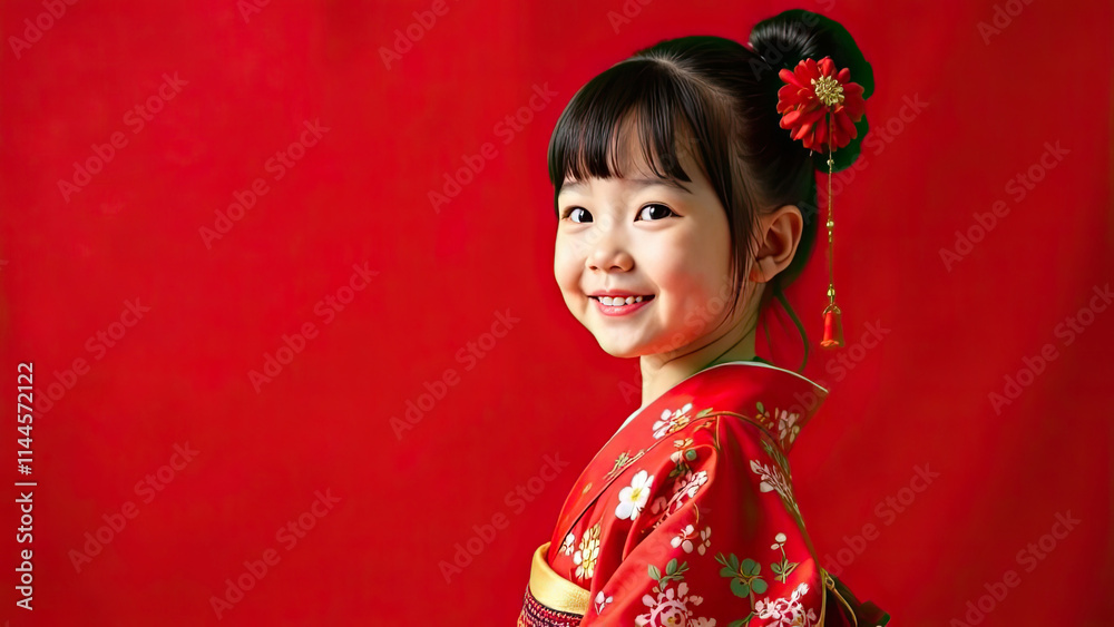 Portrait of little chinese girl in traditional chinese kimono with floral print with hair ornament on red background. Chinese culture and traditions. Copy space. Portrait of little chinese girl in traditional chinese kimono with floral print with hair ornament on red background. Chinese culture and traditions. Copy space.