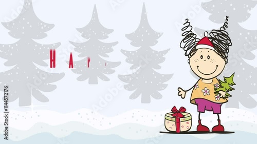 Greeting card for the New Year. Funny girl with Christmas tree and gift box