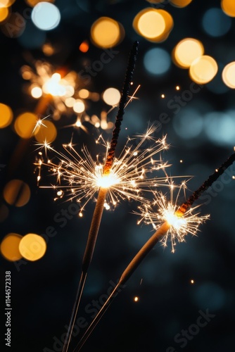 Sparkler shines brightly in a dark night, illuminating the festive atmosphere...