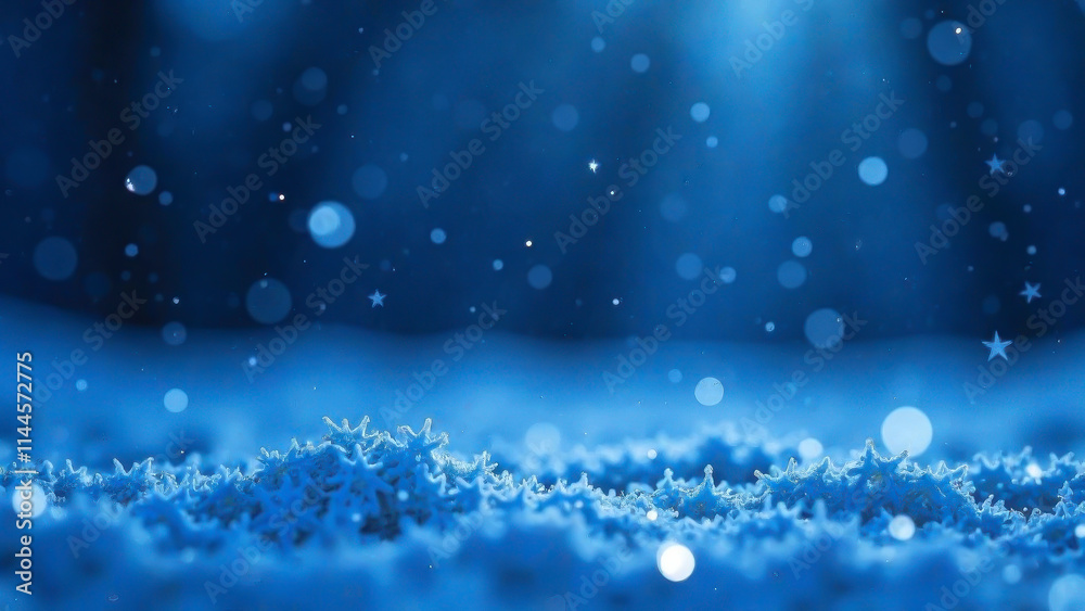 Horizontal Abstract winter background with falling bokeh snowflakes on deep blue background with empty copy space, atmosphere snowy texture for banner, text, product, wallpaper, package, label, poster Horizontal Abstract winter background with falling bokeh snowflakes on deep blue background with empty copy space, atmosphere snowy texture for banner, text, product, wallpaper, package, label, poster