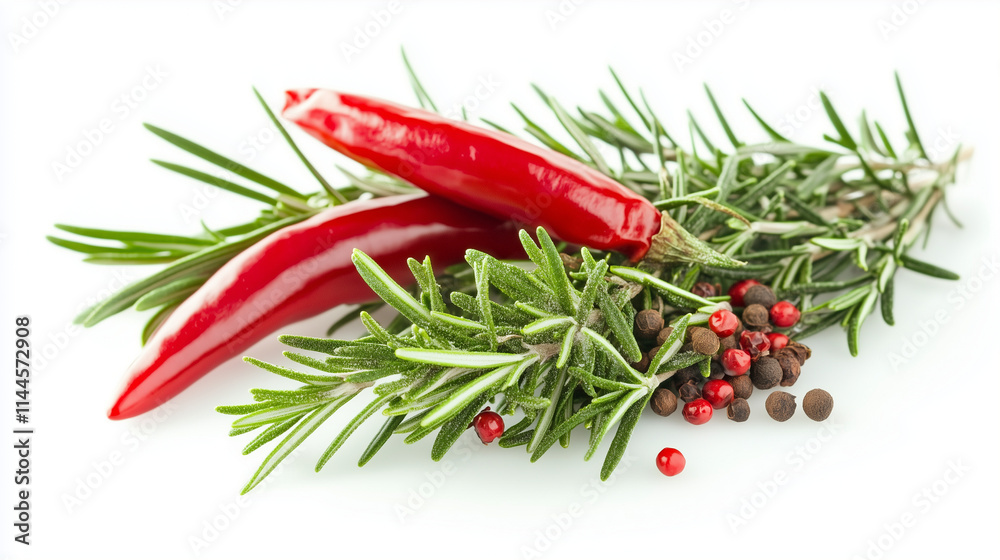Fototapeta premium Chili peppers and rosemary on the background against a white isolated background