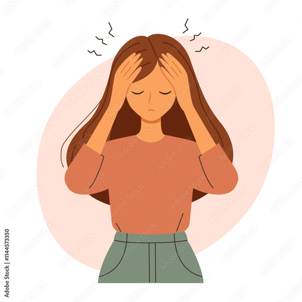 Young woman suffering from migraine holding head with hands. Sad woman with headache Young woman suffering from migraine holding head with hands. Sad woman with headache