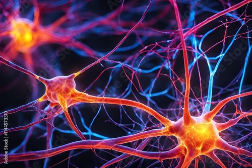 Close-up of a neuron and synapse with glowing neural connections and electrical impulses. Detailed structure with vibrant colors highlighting brain communication. photo