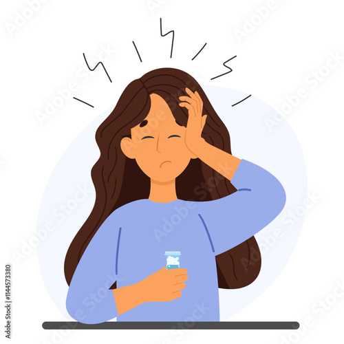 Woman feeling unwell, headache or stress. Character with a headache. Health concept.