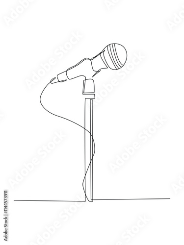 Single one line drawing microphone on stand. Mic on stand in musical television show, Studio microphone isolated on a white background.