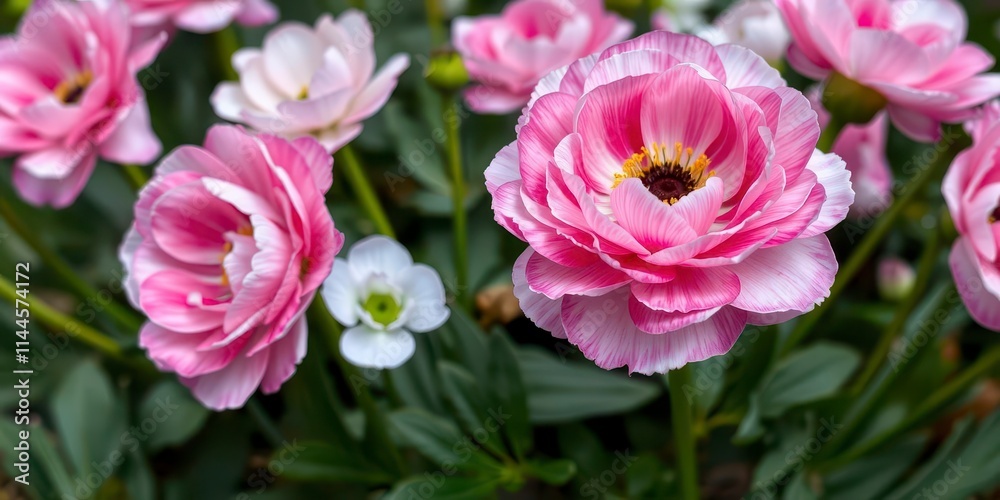 Close-up shot of delicate pink and white ranunculus flowers blooming in a garden, botanical, garden, petals Close-up shot of delicate pink and white ranunculus flowers blooming in a garden, botanical, garden, petals