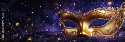Vibrant golden masquerade mask on a sparkling purple background with twinklin...