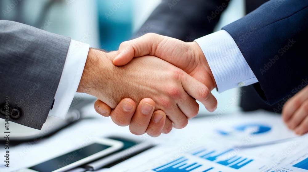 Handshake over business documents symbolizes a new market expansion deal. Handshake over business documents symbolizes a new market expansion deal.
