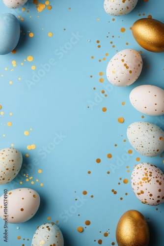Colorful blue Easter eggs with gold dots scattered on a bright blue backgroun...