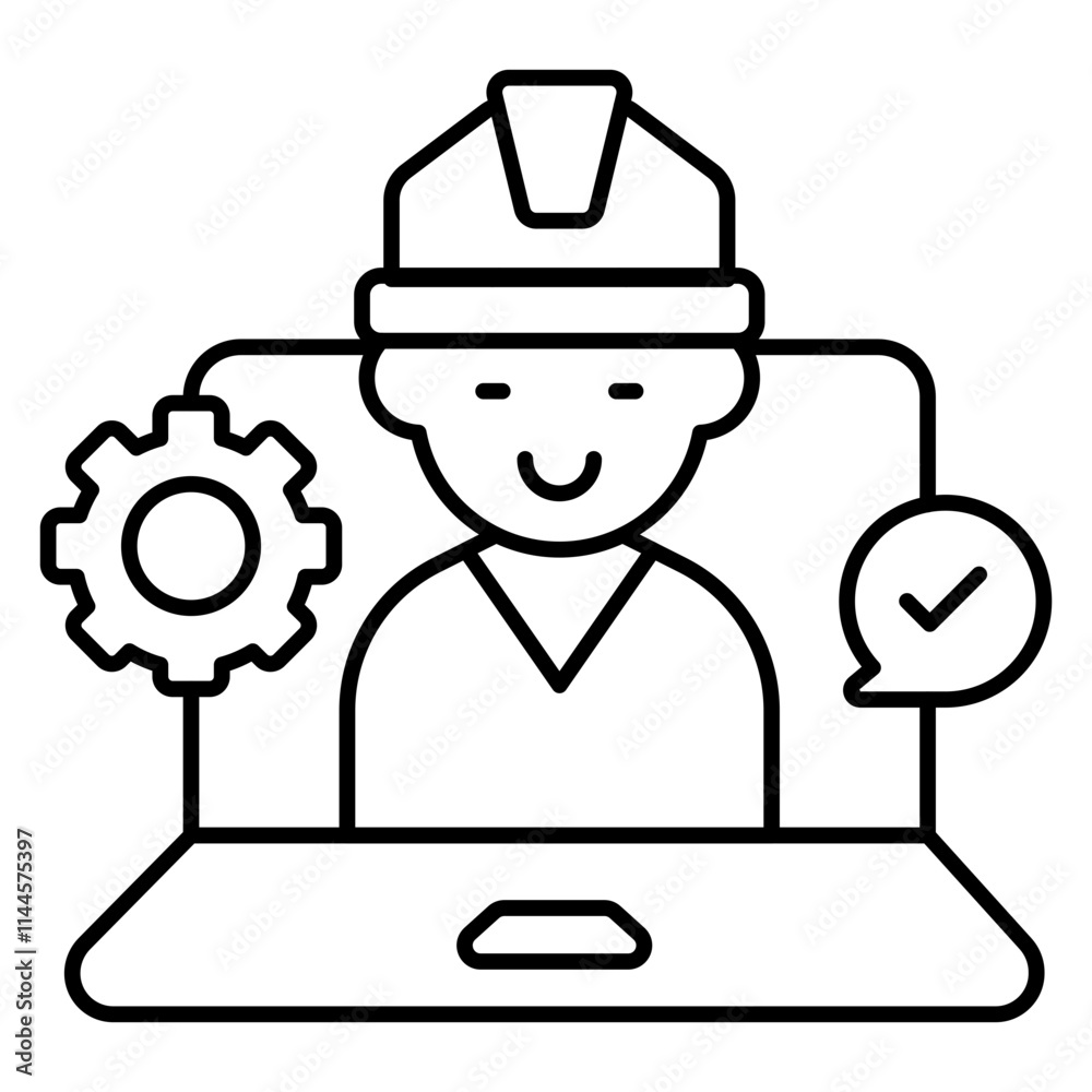 Avatar wearing hard hat inside laptop, icon of online labor Avatar wearing hard hat inside laptop, icon of online labor
