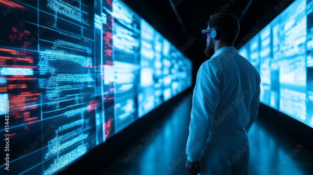 Futuristic Data Scientist Analyzing Complex Digital Information in a High-Tech Environment with Advanced Visual Technology and Data Displays Futuristic Data Scientist Analyzing Complex Digital Information in a High-Tech Environment with Advanced Visual Technology and Data Displays
