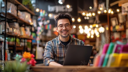 Smiling entrepreneur in cozy shop with laptop, symbolizing small business success.