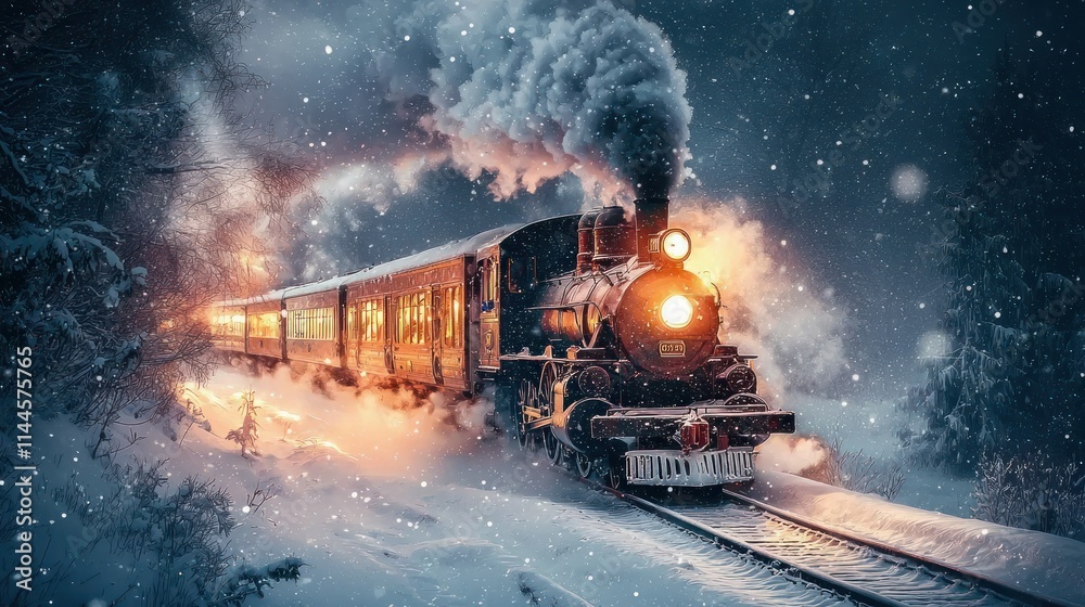 Steam train traveling through a snowy landscape at night. Steam train traveling through a snowy landscape at night.