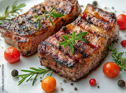 Tender pieces of seasoned meat garnished with fresh herbs on a white plate pr...