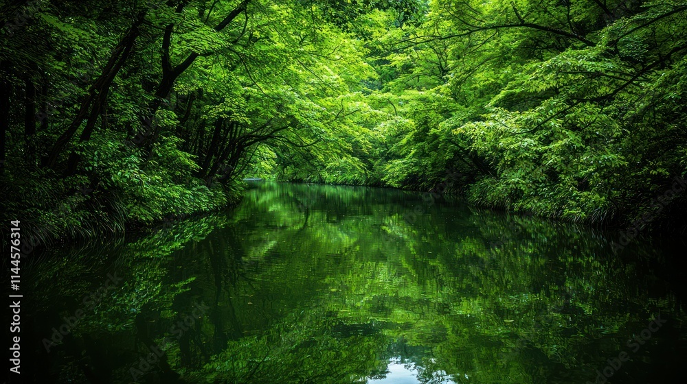 Serene forest scene with a reflective river. Serene forest scene with a reflective river.