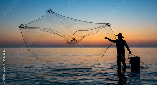 A fisherman casting his net into the ocean as the sun rises over the horizon