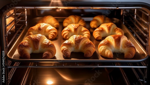 The inside of an oven with croissant baking inside; fresh croissants inside an oven; a close up view of an oven with croissants are being freshly baked; food preparation; food photography; homemade