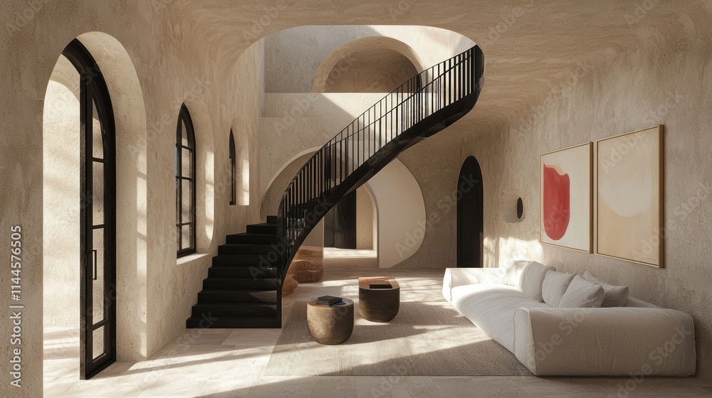 Fototapeta premium Modern interior with spiral staircase and minimalist decor.