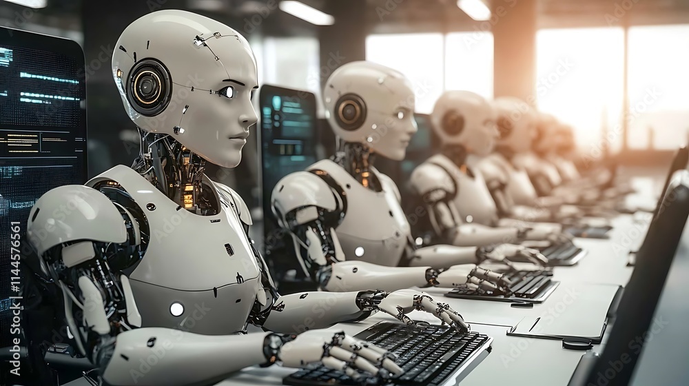 Fototapeta premium Advanced Humanoid Robots Working in a Modern Data Center. AI Generated