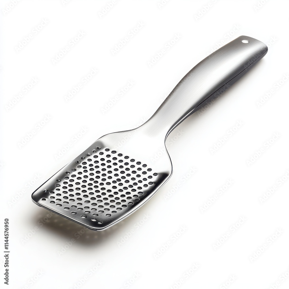 A sleek, modern handheld grater with a sharp stainless steel surface and ergonomic handle on a white background 