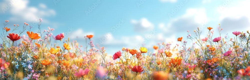 Colorful wildflower field under clear blue sky on a sunny day, showcasing vibrant blossoms in full bloom Colorful wildflower field under clear blue sky on a sunny day, showcasing vibrant blossoms in full bloom