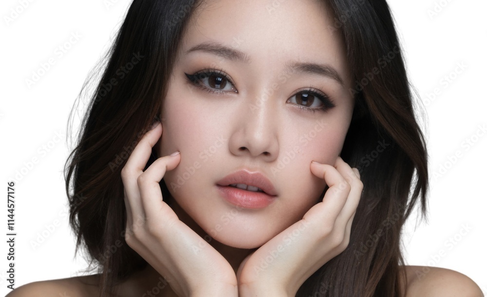 Photograph of a young Asian woman with long dark hair, wearing a black top, and gently touching her face. white background Photograph of a young Asian woman with long dark hair, wearing a black top, and gently touching her face. white background