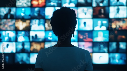 Contemplative Woman Observing Wall of Digital Screens with Diverse Faces in a Modern Multimedia Environment, Engaging with Technology and Society