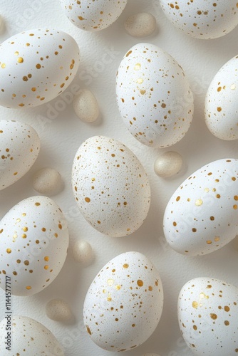 Elegant display of white eggs adorned with gold dots arranged in a harmonious...