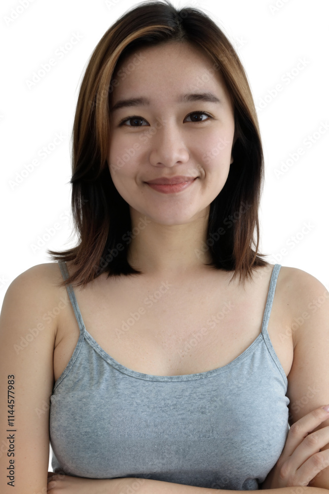 A smiling Asian woman with shoulder-length brown hair, wearing a light blue tank top, stands against a plain white background. A smiling Asian woman with shoulder-length brown hair, wearing a light blue tank top, stands against a plain white background.