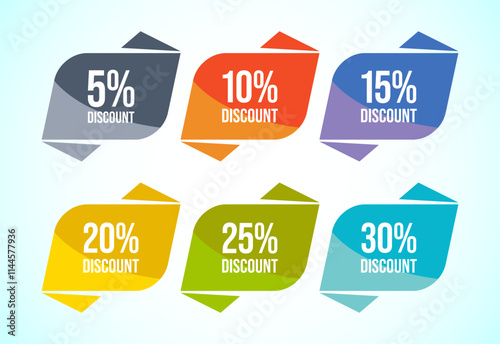 Product discount tag sticker set. Shopping discount label with 5, 10, 15, 20, 25, and 30 percent off