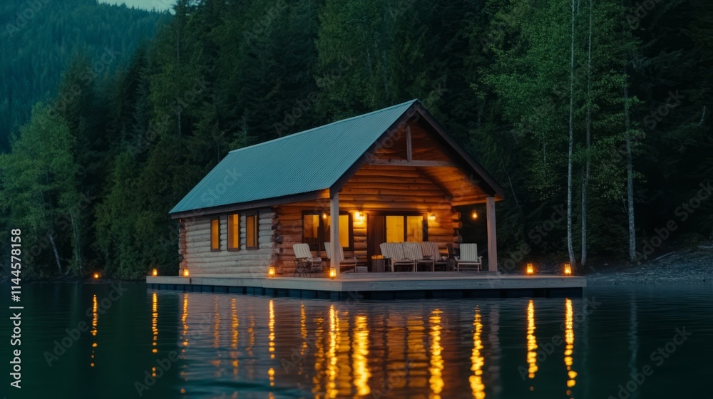 Fototapeta premium Cozy Wooden Cabin on a Serene Lake Surrounded by Lush Forest at Dusk Reflects Tranquility and Natural Beauty Illuminated by Soft Ambient Lights