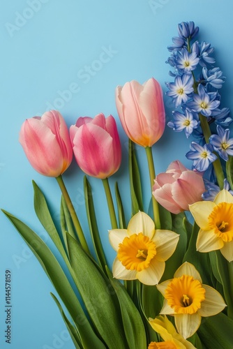 Colorful arrangement of spring flowers on a blue background showcasing variou...
