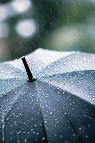 Raindrops collect on a dark umbrella, showcasing the beauty of nature during ...