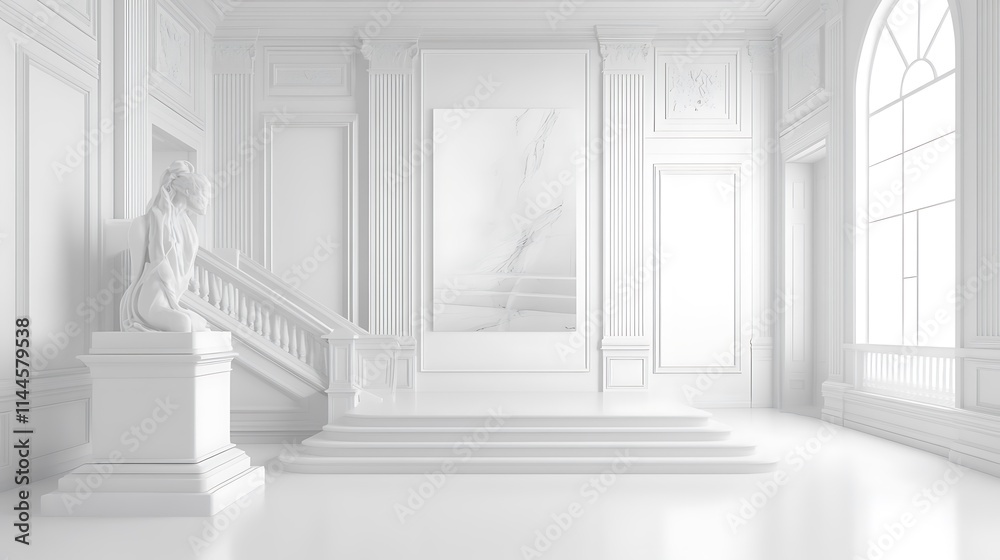 Fototapeta premium White hall interior mockup wide photo art display. AI Generated