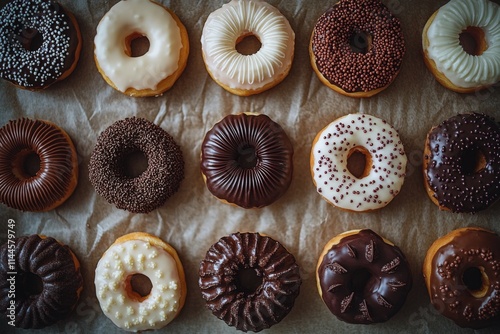 Assortment of delicious donuts arranged neatly on parchment paper in a bakery...