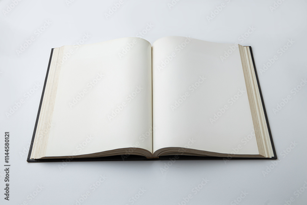 Open empty white paper book laying on white background Open empty white paper book laying on white background