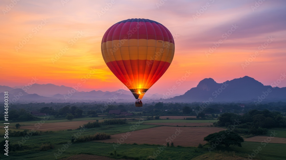 Obraz premium Colorful hot air balloon soaring over picturesque landscape during stunning sunrise, illuminating tranquil fields, mountains, and serene skies in soft pastel tones