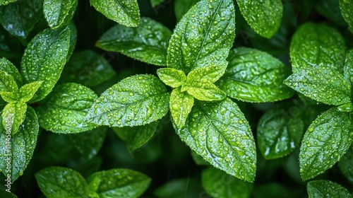 Close-up of dew drops glistening on the green leaves of a plant early in the morning