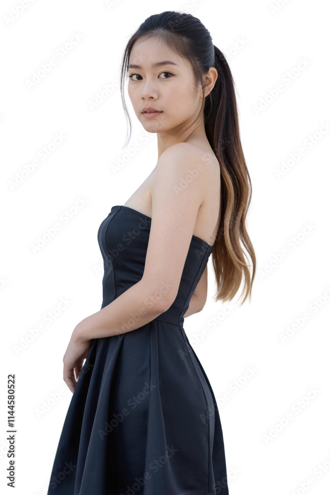 Asian woman in black strapless dress, long hair tied back, white background, side profile, confident expression. Photograph.