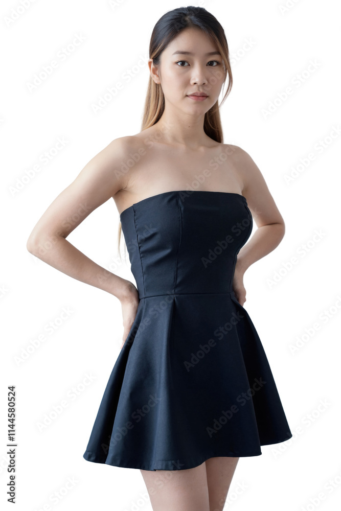 Asian woman in black strapless dress, long hair tied back, white background, side profile, confident expression. Photograph. Asian woman in black strapless dress, long hair tied back, white background, side profile, confident expression. Photograph.