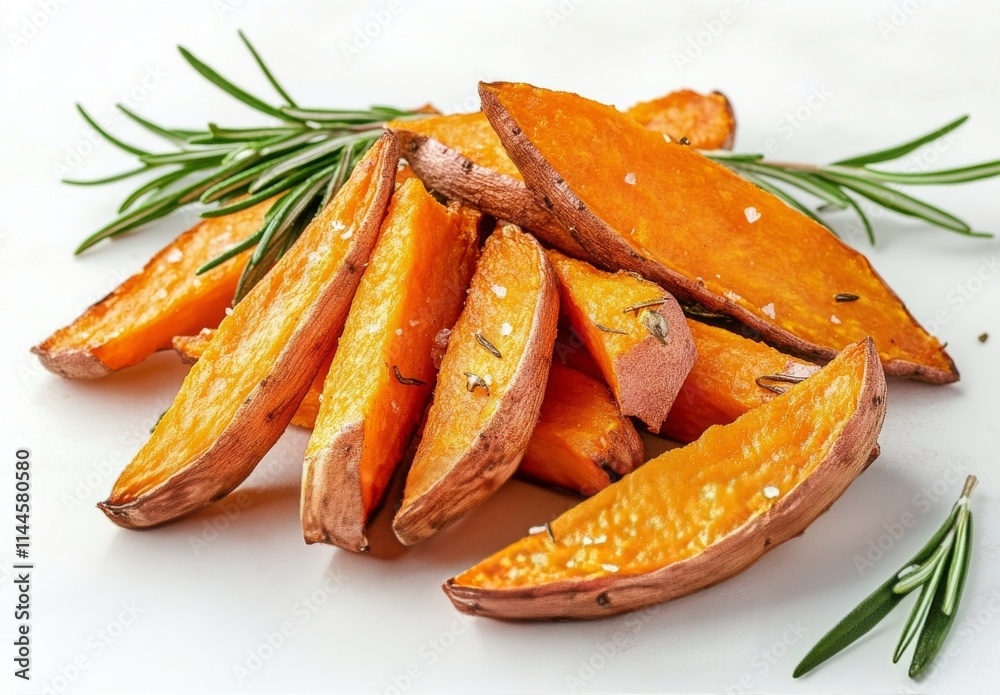 Delicious oven roasted sweet potato wedges garnished with fresh rosemary on a clean white surface for a healthy Delicious oven roasted sweet potato wedges garnished with fresh rosemary on a clean white surface for a healthy